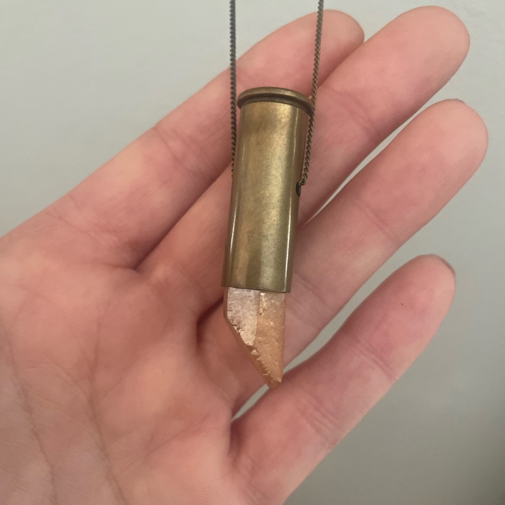 Bullet shell casing necklace with champage aura quartz  crystal and bronze chain